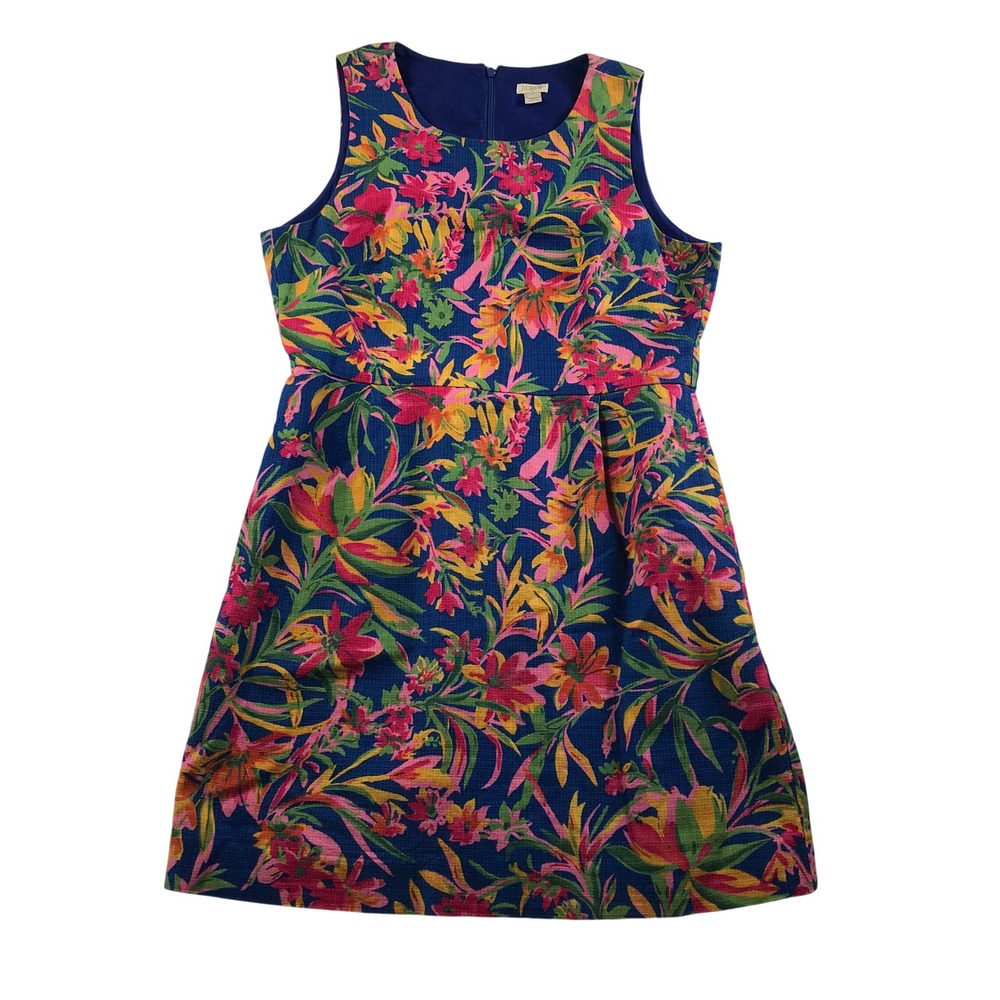 J.Crew Womens Floral Sleeveless A-Line Cotton Dress Blue Pink Orange Size 14